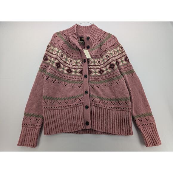 NWT L.L. Bean Signature Cotton Fisherman Short Cardigan Fair Isle Sweater sz LP - Picture 3 of 7